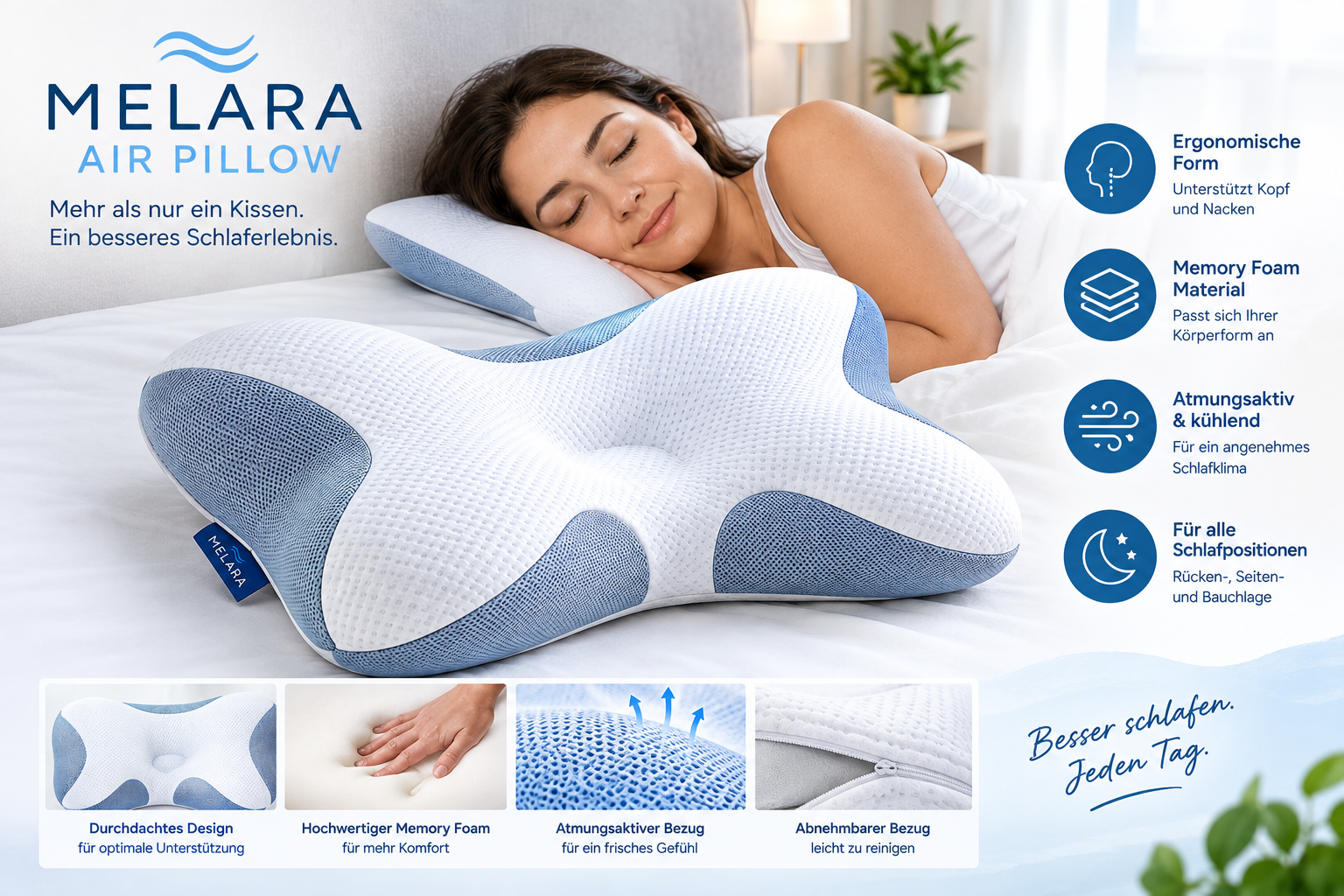 Melara Air Pillow features: ergonomic form, memory foam, breathable cooling cover, and support for all sleeping positions