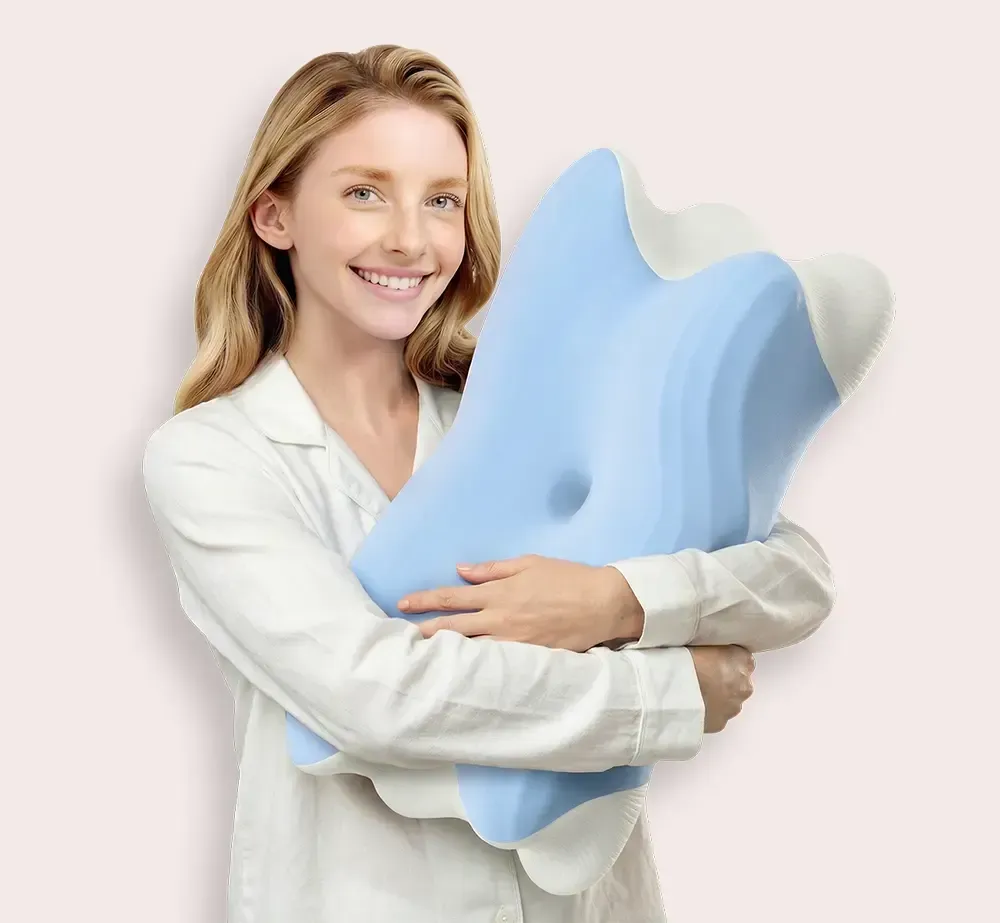 Woman holding the Melara Air Pillow ergonomic support cushion