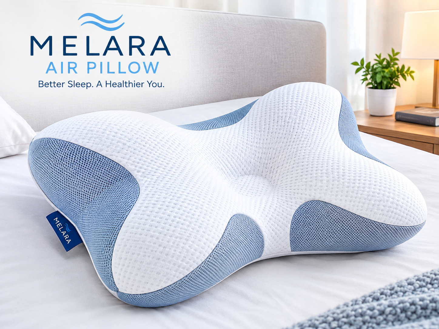 Melara Air Pillow shown on a bed